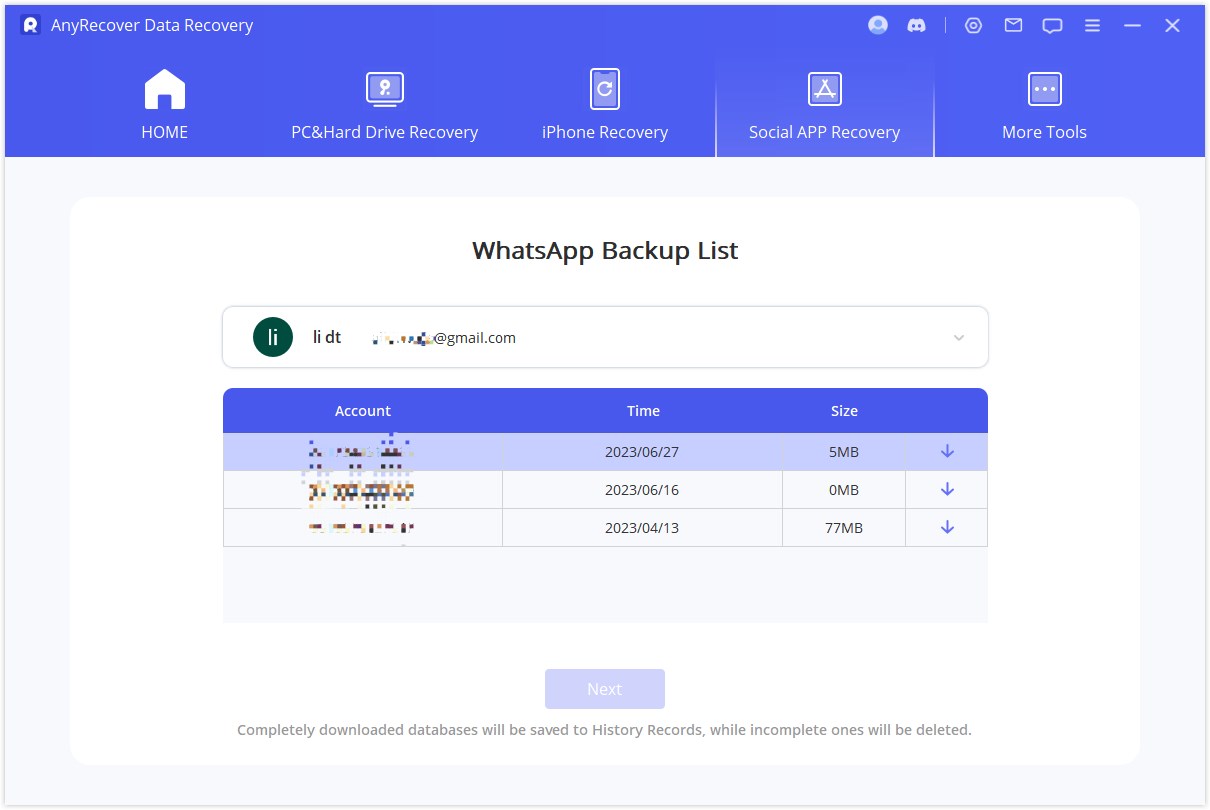 download backups from anyrecover Whatsapp backup list