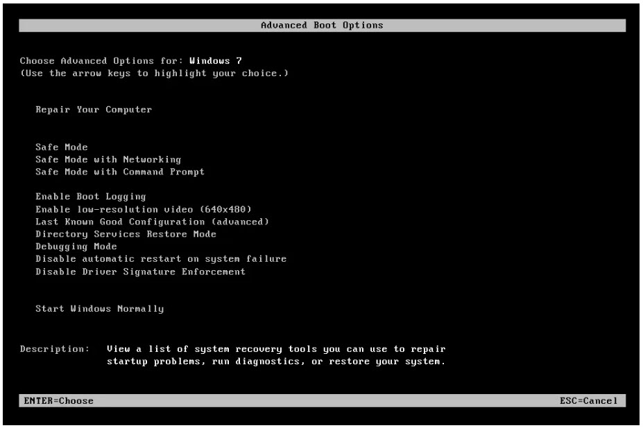 advanced boot options windows 7