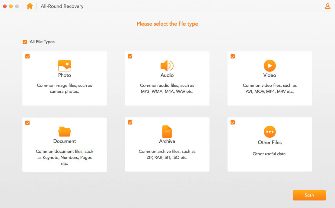 all round recovery select file type mac