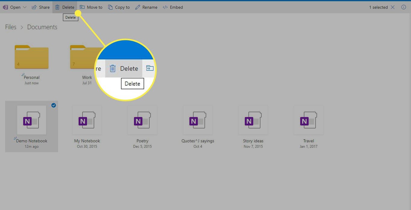 delete onenote notebook online