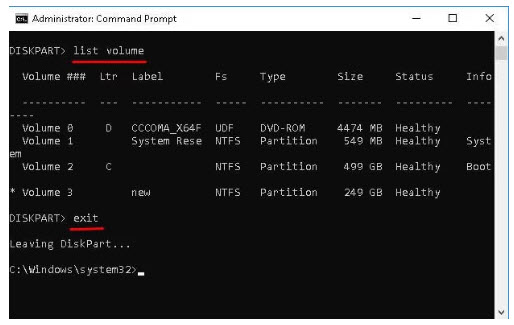 list volume and exit