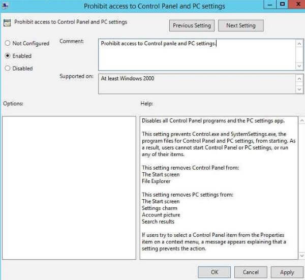 prohibit access control panel settings