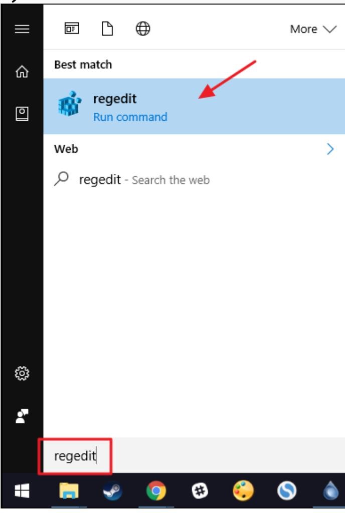 regedit in search box