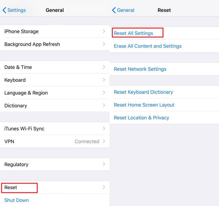 reset all settings ios