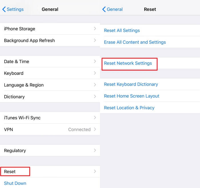 reset network settings ios