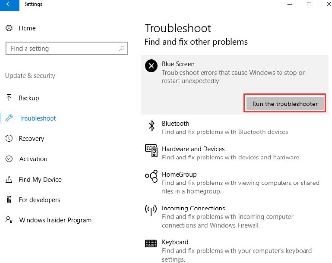 run troubleshooter to fix blue screen