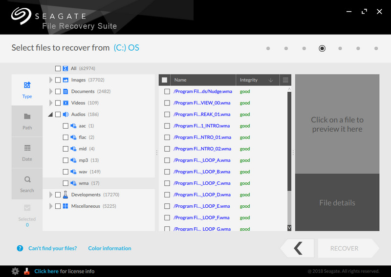 Seagate File Recovery Suite scanning result