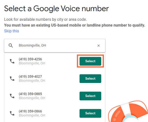 select a google voice number