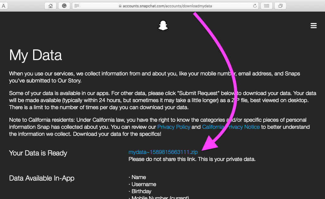 snapchat my data page email ready for download data