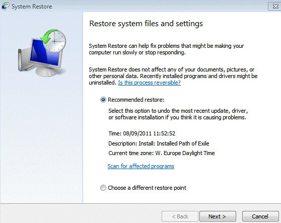 system restore choose restore point