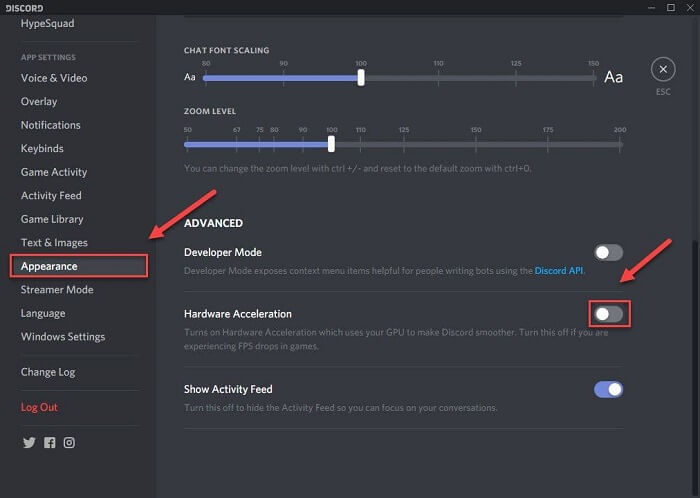 turn off hardware acceleration discord