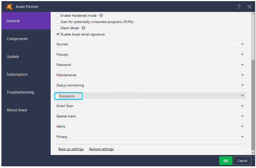 enable avast exclusion