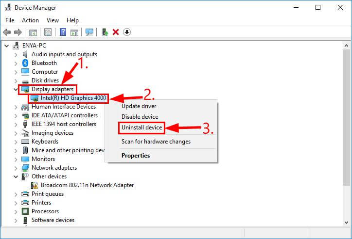 uninstall 	isplay adapters driver