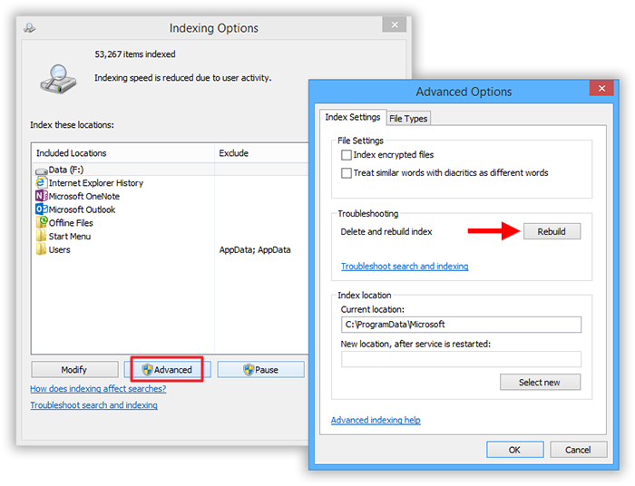 advanced and rebuild windows search