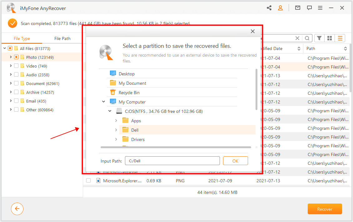 AnyRecover Choose Partition & Recover