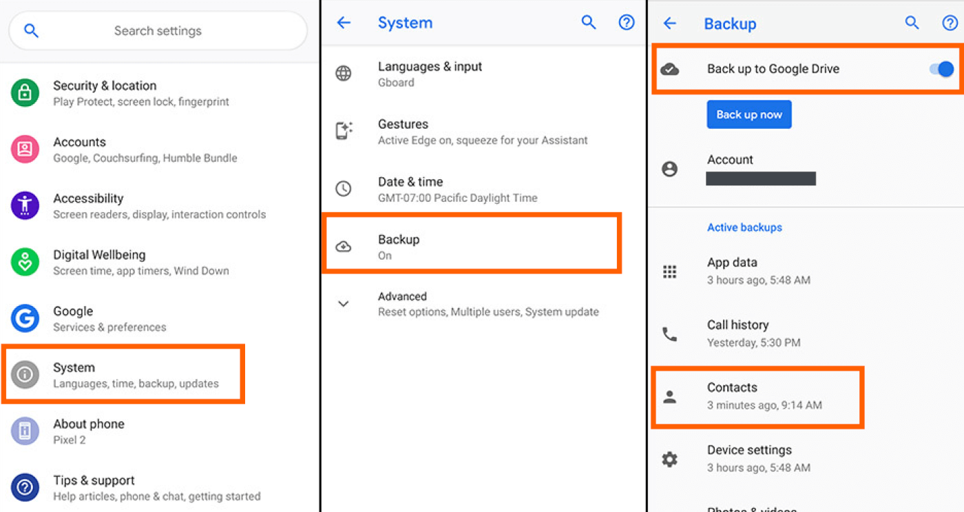 backup to google drive in settings