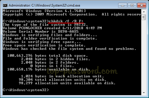 type chkdsk g: /f /r /x