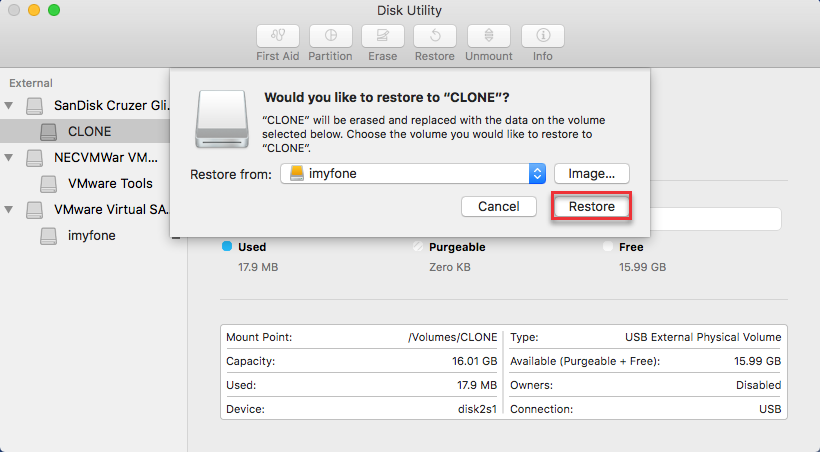 disk utility clone restore