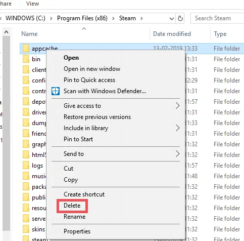delete appcache steam