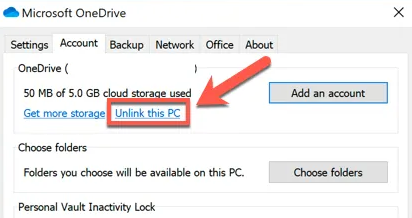 one drive unlink this pc