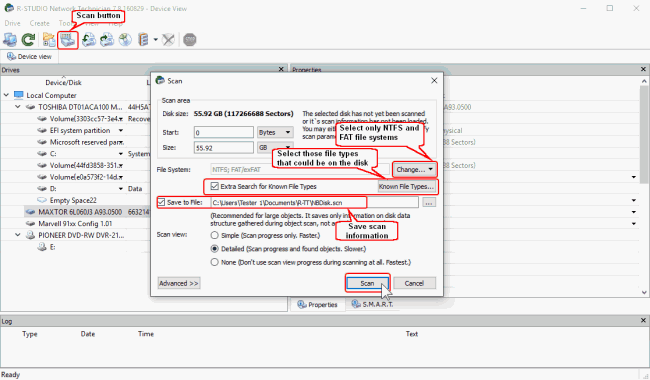 R-studio customize scan parameters