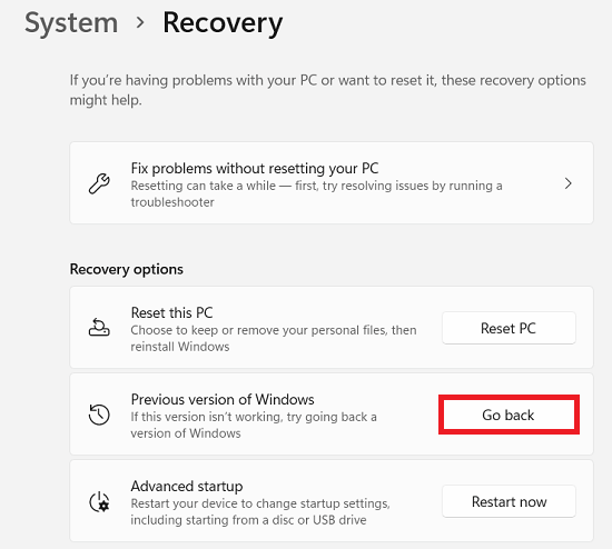 recovery go back win 11