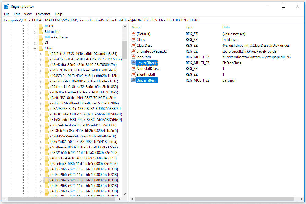 registry lowerfilters upperfilters