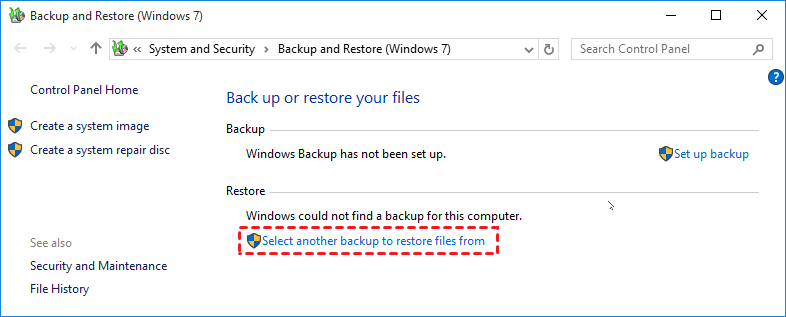select another backup to restore files from