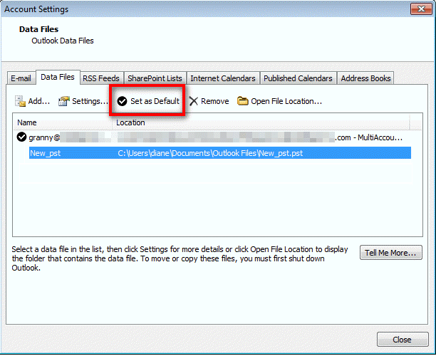 set outlook data file as default