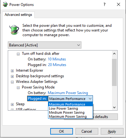 switch to maximum performance in wireless adapter