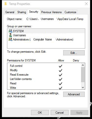 set permission for TEMP folder
