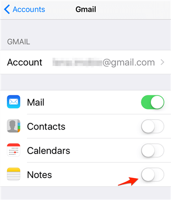 turn on notes in email account settings