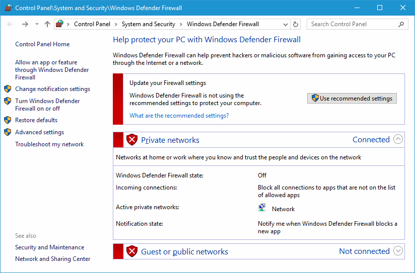 turn off windows defender firewall