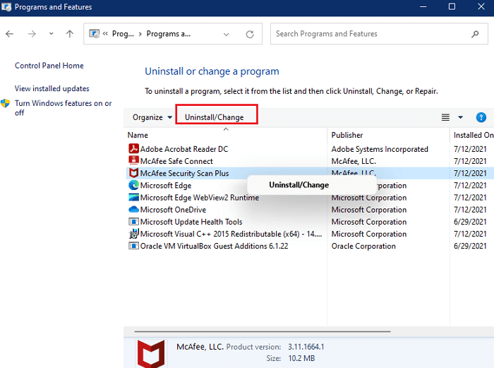 uninstall or change programs