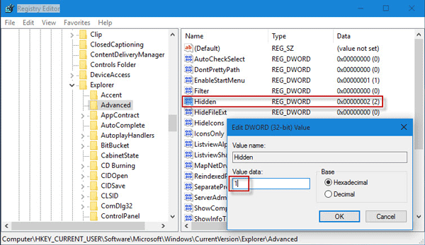 Windows 10 show hidden fils from Registry